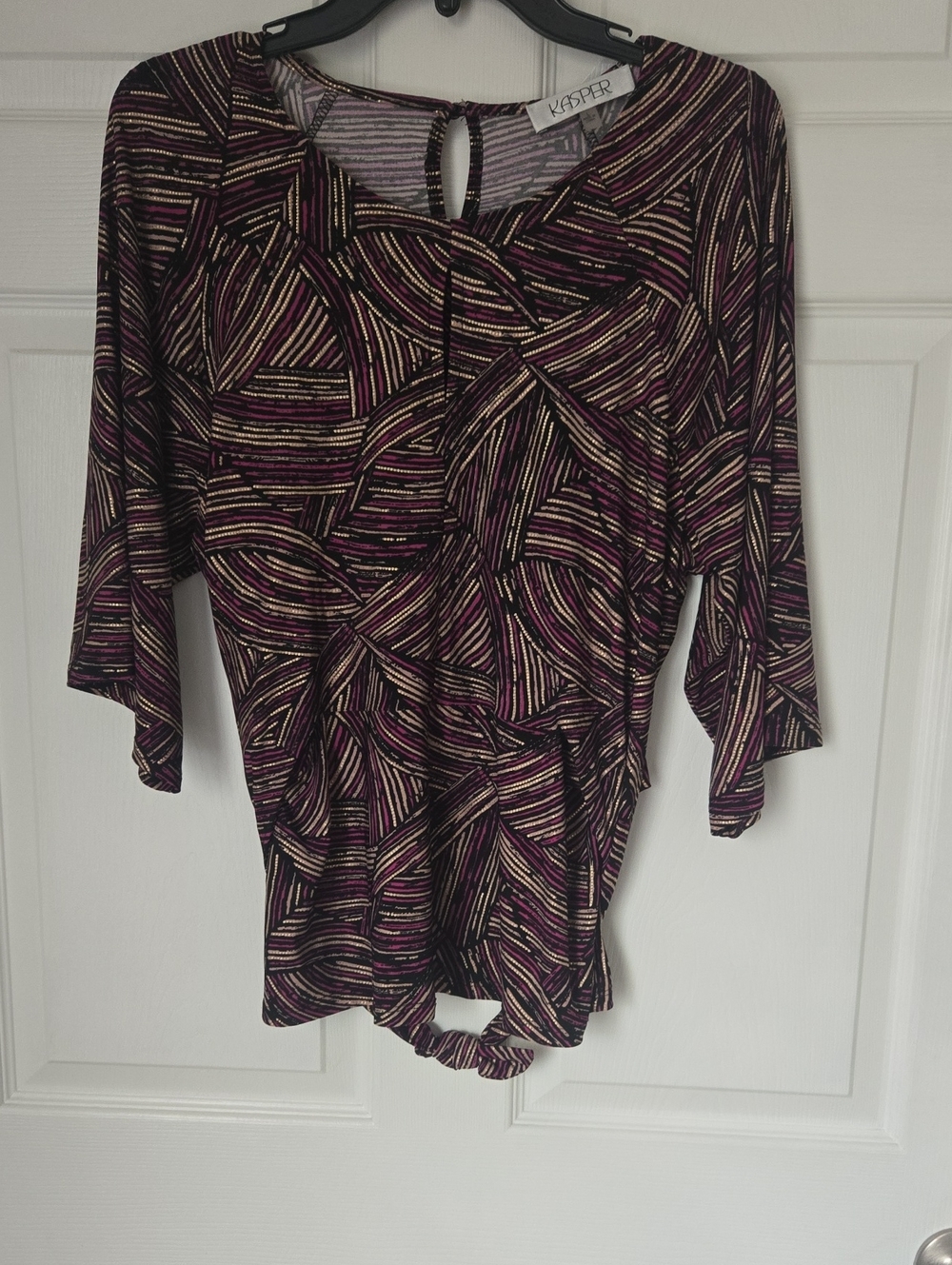 Kasper Purple Patterned Women's Top Large Tie Back